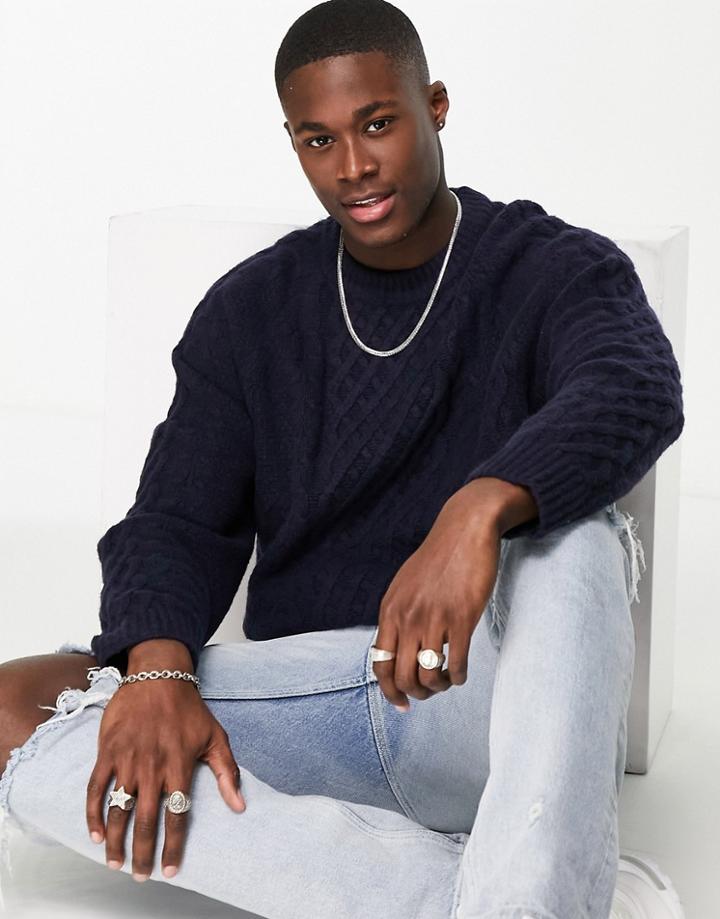 Abercrombie & Fitch Aran Cable Knit Crew Neck Sweater In Navy