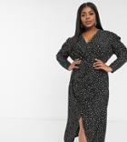 Chi Chi London Plus Long Sleeve Shirt Dress With Slit In Print-black