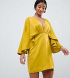 Asos Design Satin Cape Kimono Sleeve Deep Plunge Mini Dress - Yellow