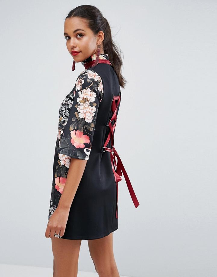 Asos High Neck Black Base Floral Mini Shift Dress-multi