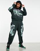 Asos Design Oversized Sweatpants In Dark Green With Photographic Prints - Part Of A Set-black
