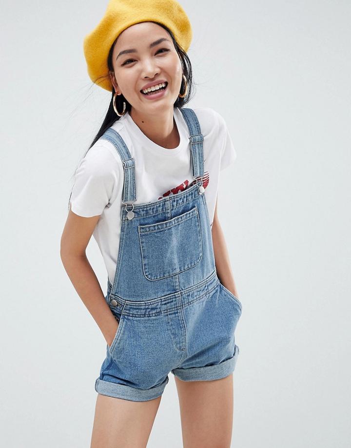 Asos Design Denim Short Overall In Stonewash Blue - Blue