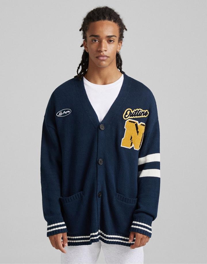 Bershka Knit Varsity Cardigan In Blue
