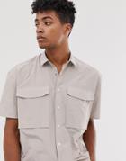 Asos Design Oversized Nylon Shirt With Utility Pockets In Gray