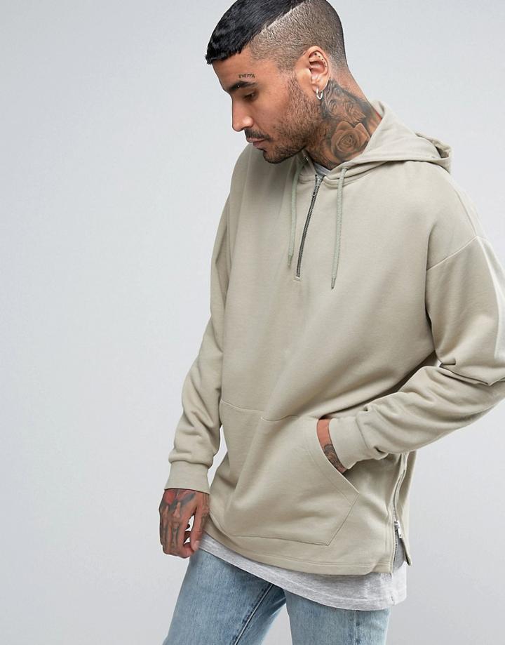 Asos Oversized Longline Half Zip Hoodie With Side Zips - Beige
