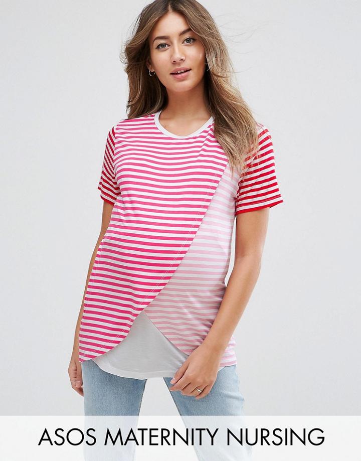 Asos Maternity Nursing T-shirt With Wrap Overlay In Pink Stripe - Pink