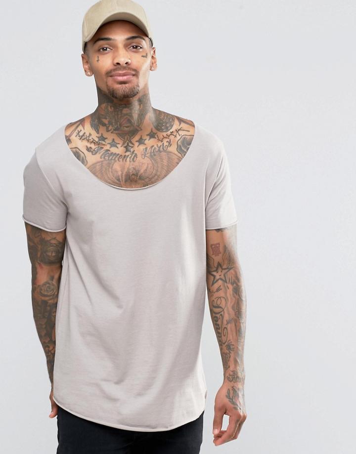 Asos Longline T-shirt With Raw Scoop Neck And Curved Hem In Beige - Beige