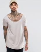 Asos Longline T-shirt With Raw Scoop Neck And Curved Hem In Beige - Beige