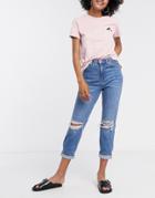Topshop Super-rip Recycled Cotton Dad Jeans In Mid Blue-blues