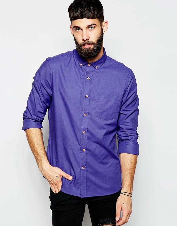 Asos Oxford Shirt In Solid Dye With Long Sleeves - Blue