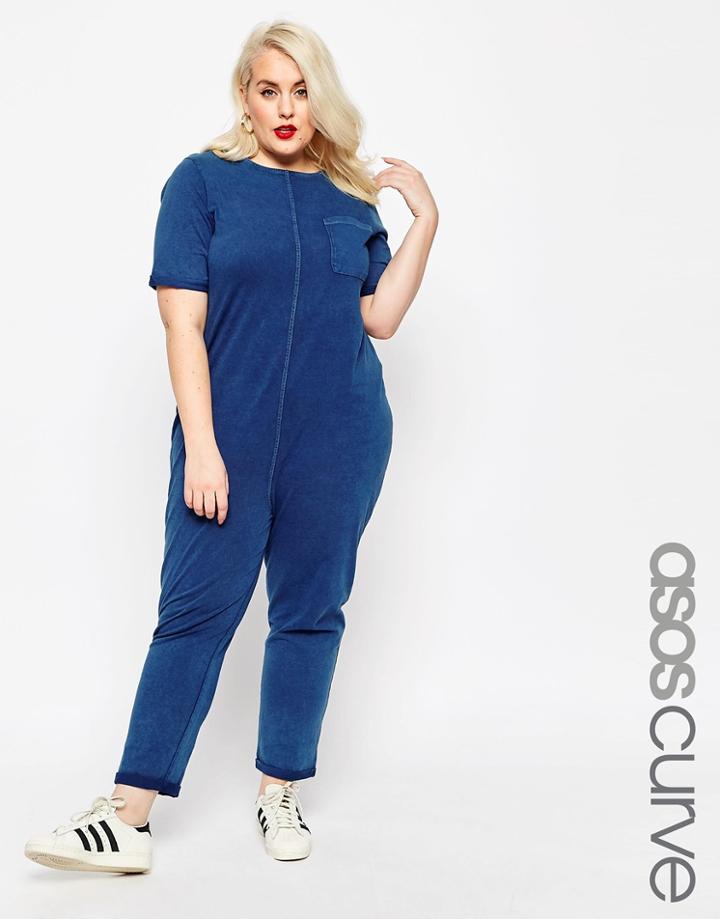 Asos Curve Denim Look Jumpsuit With Drop Crotch - Denim Blue