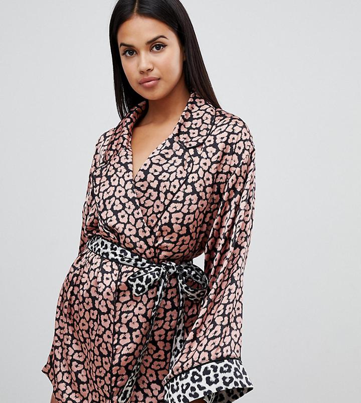 Missguided Satin Kimono In Contrast Leopard Print - Multi