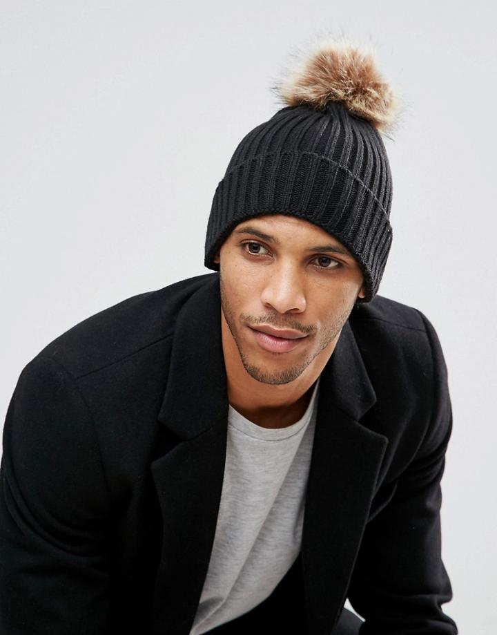 7x Beanie Hat With Fur Pom Pom - Black