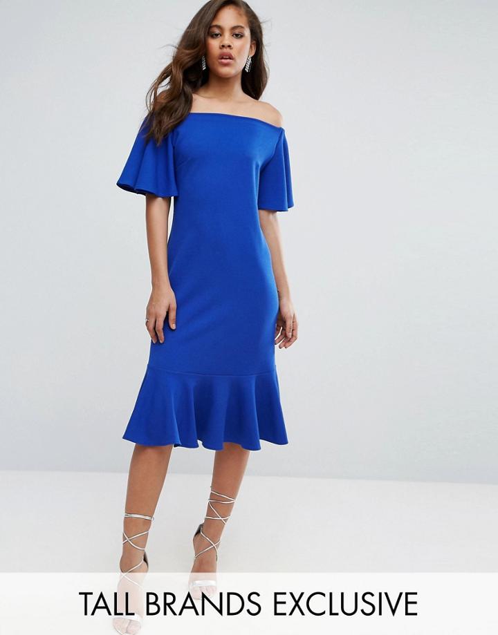 John Zack Tall Off Shoulder Midi Dress With Fluted Hem Detail - Blue