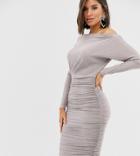 Scarlett Rocks Bardot Neck Ruched Mini Dress In Taupe-brown