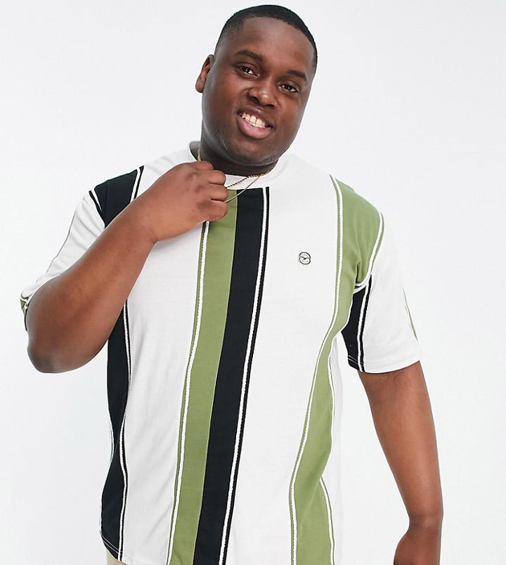 Le Breve Plus High Neck Stripe T-shirt In White & Green