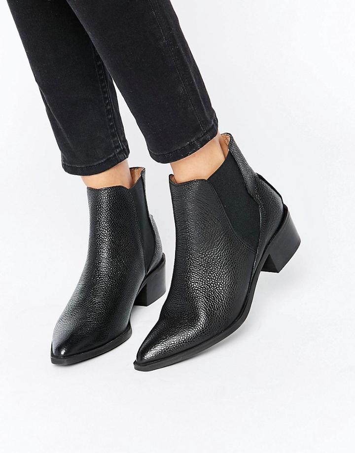 Selected Femme Lena Black Leather Grained Ankle Boots - Black