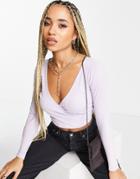 Asos Design Long Sleeve Wrap Front Crop Top In Lilac-purple