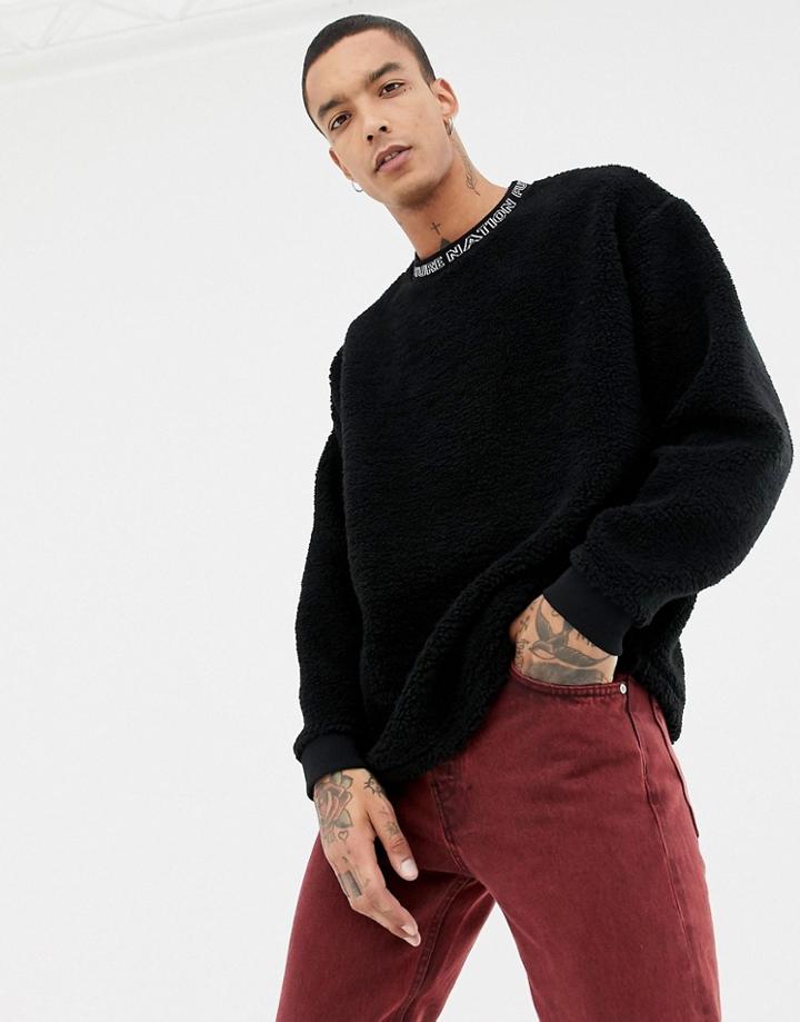 Asos Design Oversized Sweatshirt In Borg With Slogan Ribs - Black