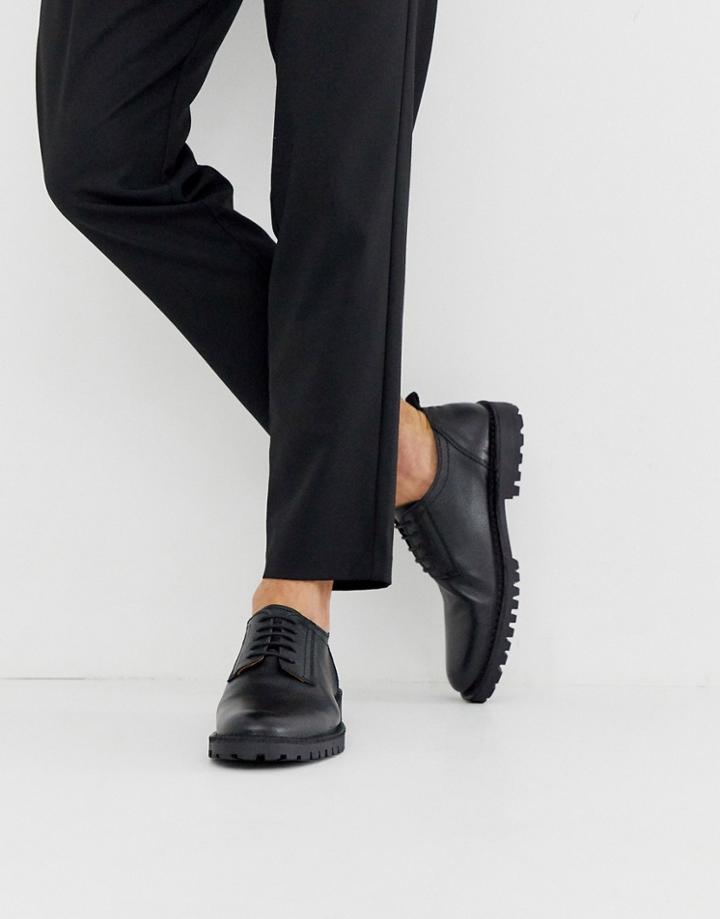Selected Homme Chunky Sole Leather Derby Shoes In Black