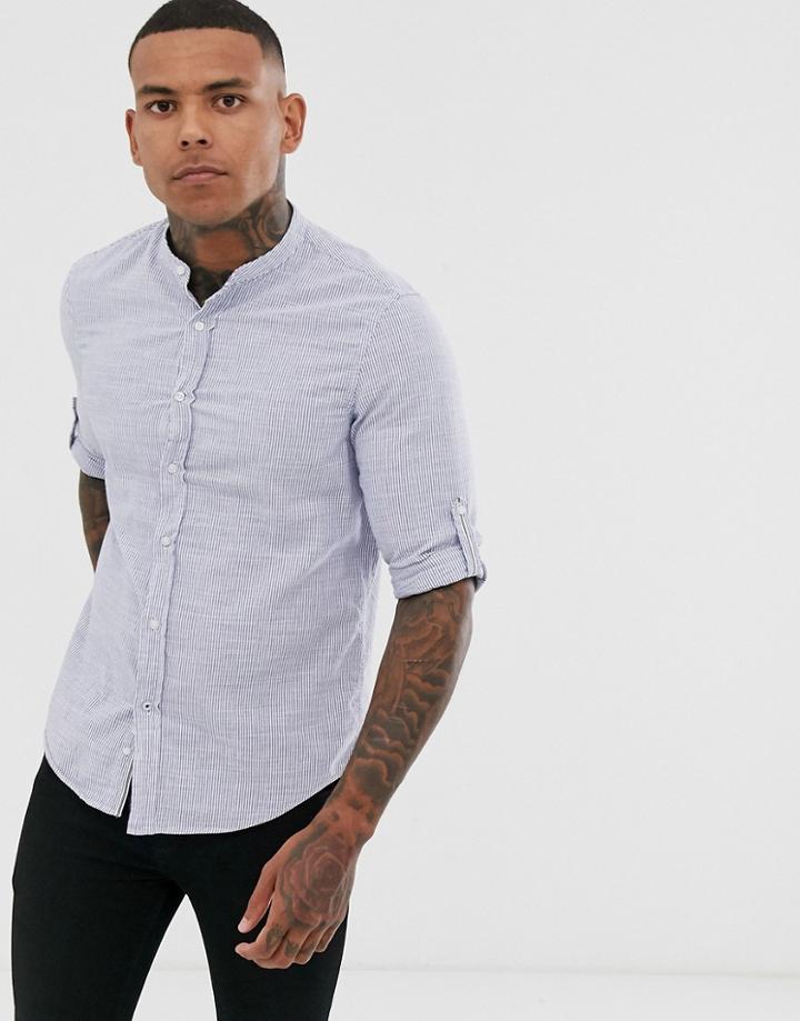 Bershka Slim Fit Linen Grandad Collar Shirt In Blue Stripe - Blue