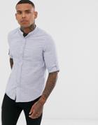 Bershka Slim Fit Linen Grandad Collar Shirt In Blue Stripe - Blue