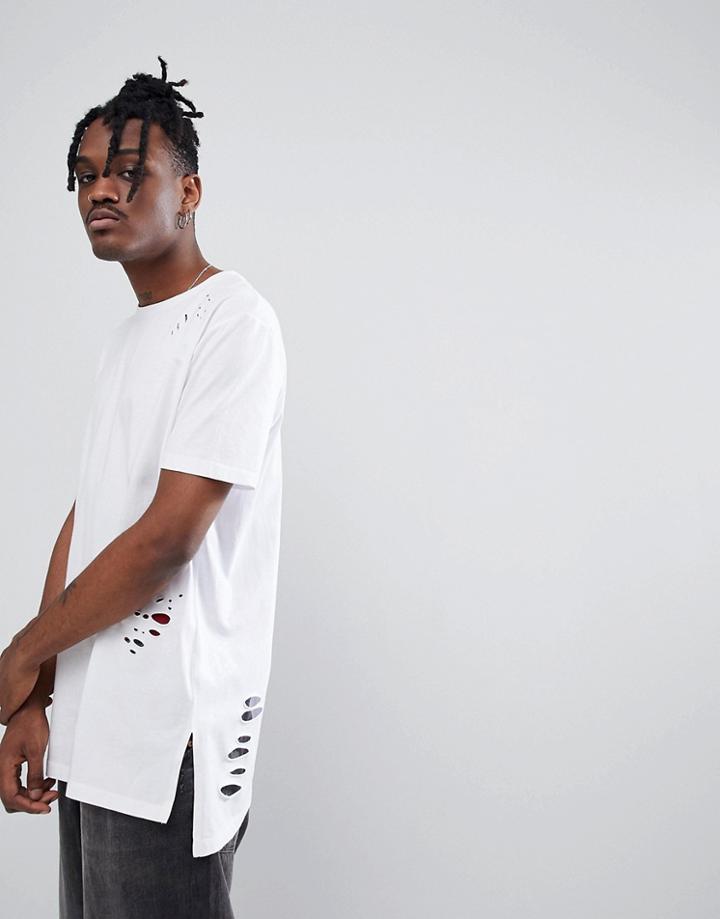 Asos Relaxed Super Longline T-shirt With Step Hem And Distressing In White - White