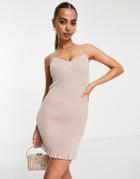 Miss Selfridge Diamante Trim Strap Rib Knit Mini Dress In Camel-neutral