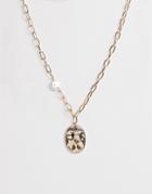 Asos Design Necklace With Faux Freshwater Pearl And Worn Coin Pendant In Gold Tone