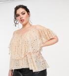 Lace & Beads Plus Ruffle Cold Shoulder Top In Blush Mini Heart Print-pink