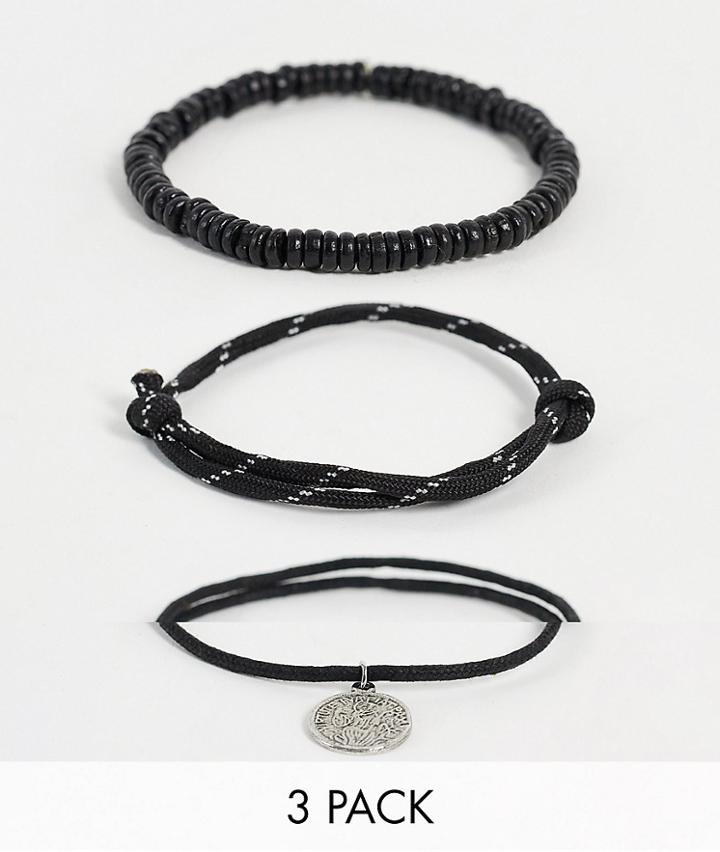Asos Design Festival 3 Pack Cord Bracelet Set With Coin Charm In Matte Black