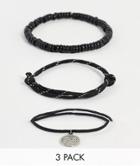 Asos Design Festival 3 Pack Cord Bracelet Set With Coin Charm In Matte Black