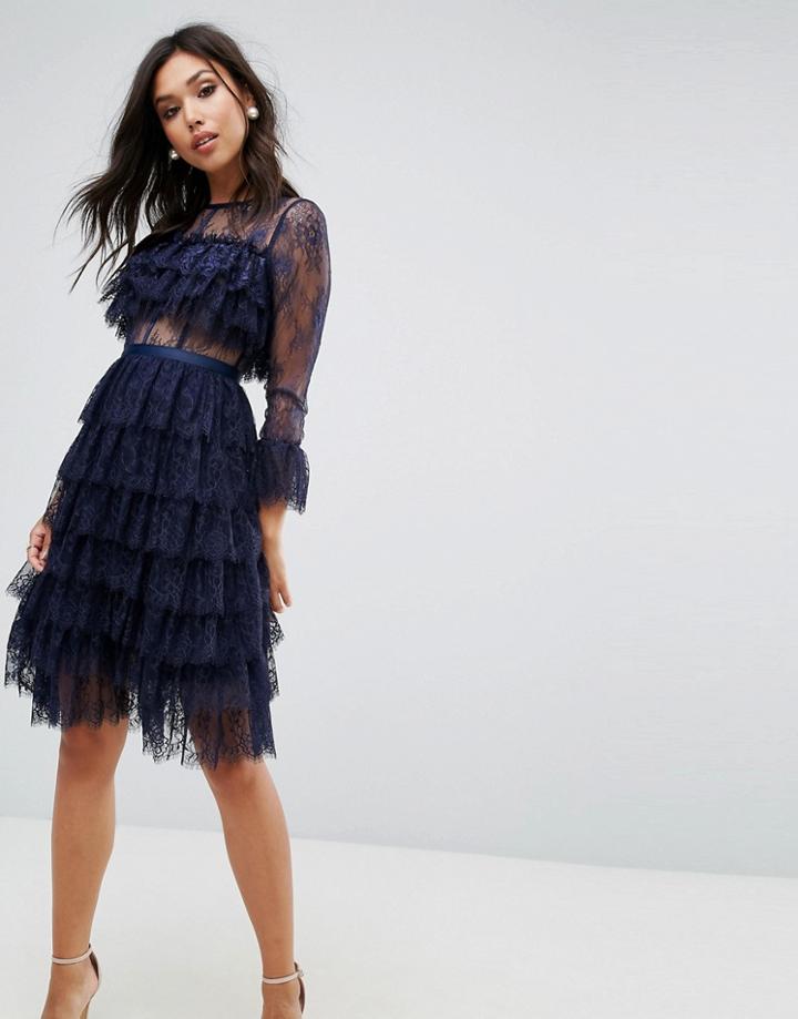 True Decadence All Over Ruffle Midi Dress - Navy