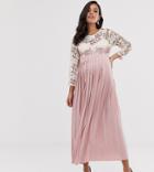 Little Mistress Maternity Floral Lace Applique 3/4 Sleeve Midi Skater Dress With Pleated Skirt - Pink