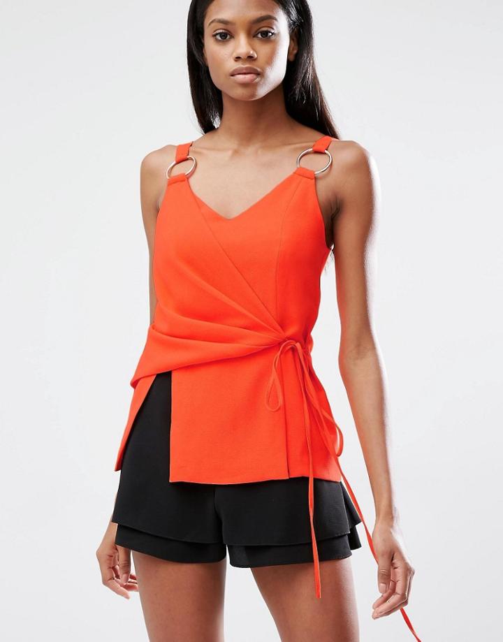 Lavish Alice Satin Tie Wrap Front Rose Gold Ring Detail Cami Top - Orange