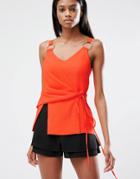 Lavish Alice Satin Tie Wrap Front Rose Gold Ring Detail Cami Top - Orange