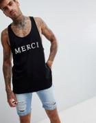 Asos Design Extreme Racer Back Tank With Merci Slogan Print - Black