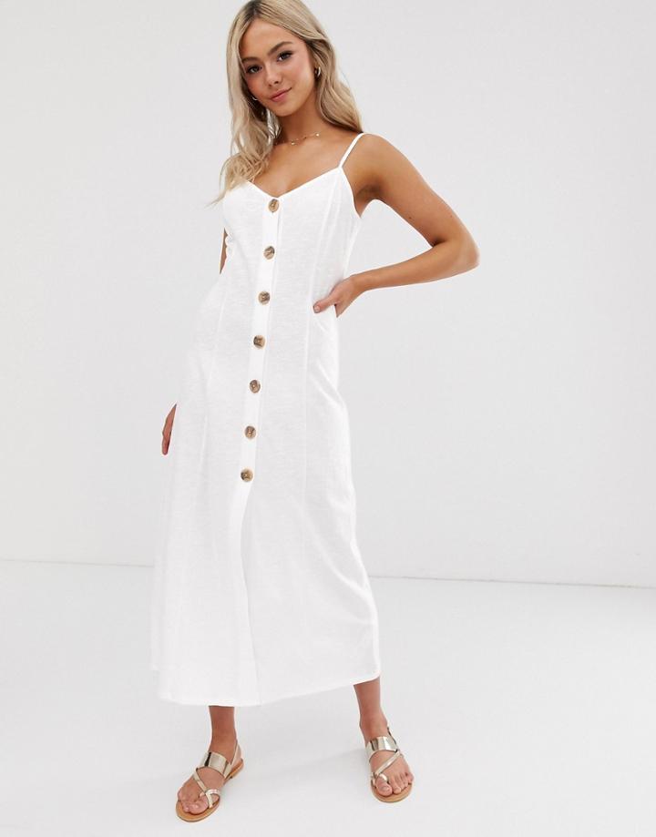 Asos Design Maxi Slubby Cami Swing Dress With Faux Wood Buttons - White