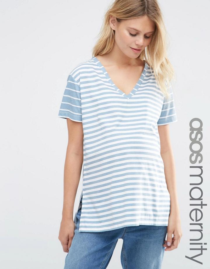 Asos Maternity V Neck Tunic In Blocked Washed Stripe - Multi