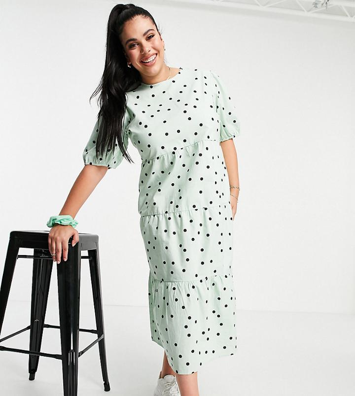 Influence Plus Cotton Poplin Polka Dot Midi Dress In Mint-green