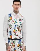 Asos Design Wedding Super Skinny Suit Vest With All Over Fruit Floral Print-white