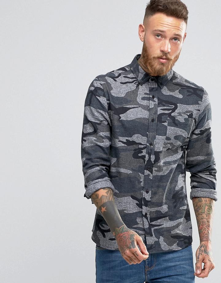 Asos Regular Fit Camo Print Shirt With Long Sleeves In Gray - Gray