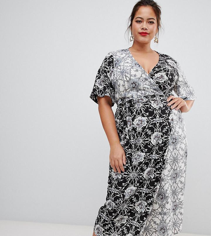 Lovedrobe Contrast Wrap Front Midi Pencil Dress In Multi Print - Multi