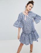 H! By Henry Holland Smock Dress In Floral Ginghm - Blue
