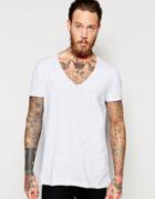 Asos Longline T-shirt With Raw V Neck In Nepp Fabric - Gray