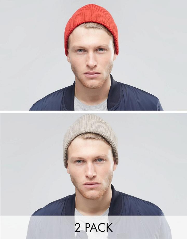 Asos Fisherman Beanie 2 Pack In Light Gray And Red - Multi