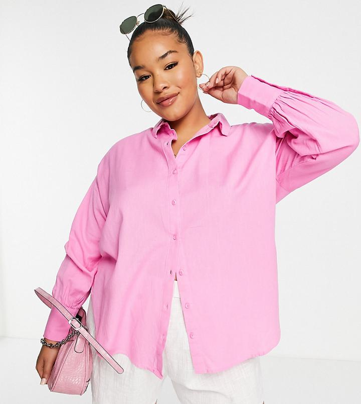 Vila Curve Linen Touch Oversized Shirt In Pink