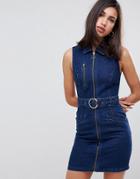 Asos Design Denim Sleeveless Dress In Indigo With Belt - Blue