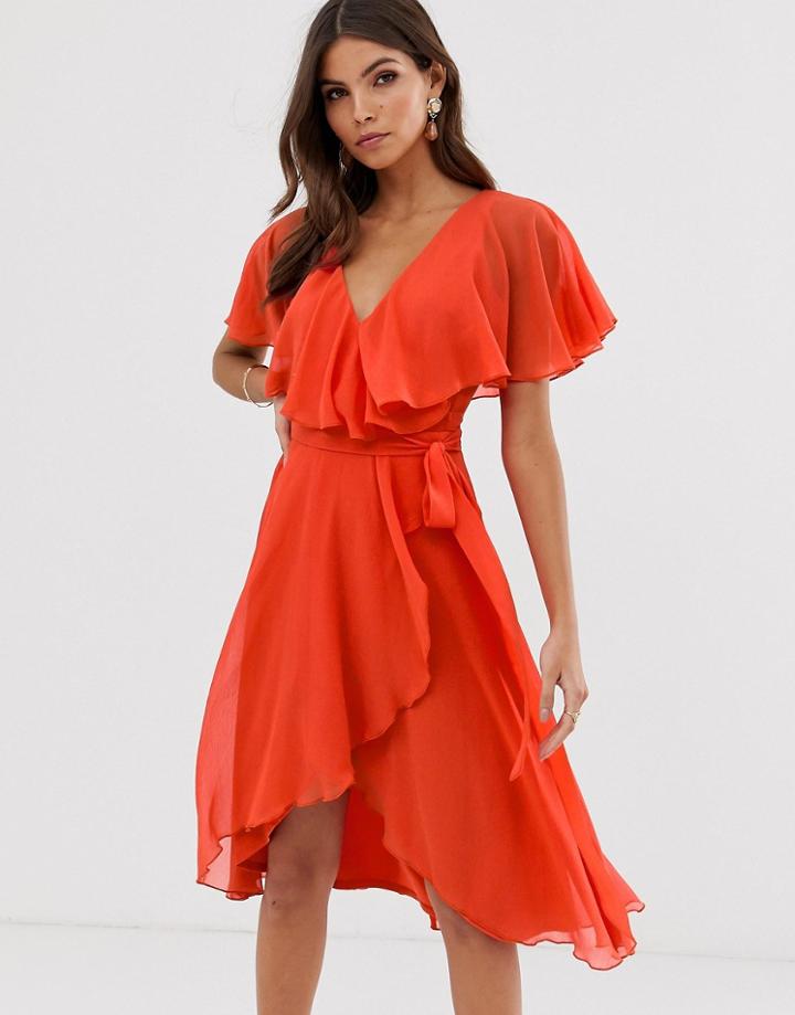 Asos Design Cape Back Dipped Hem Midi Dress - Red