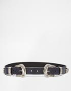Asos Leather Double Buckle Western Waist And Hip Belt - Black